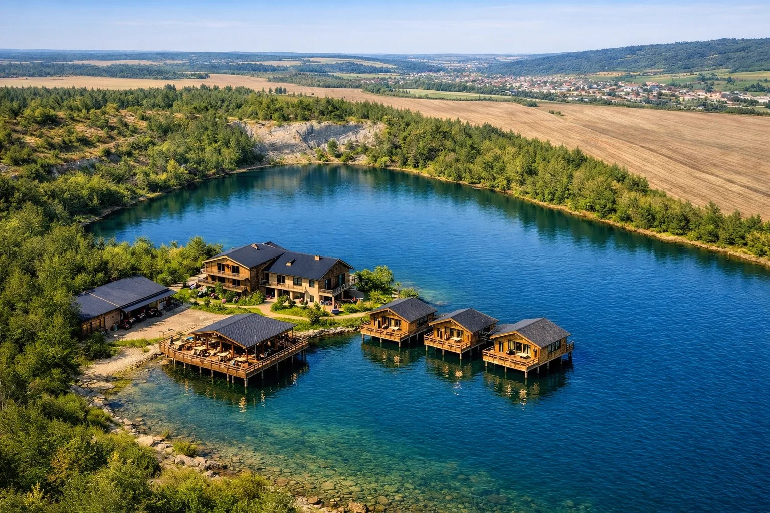 Letecký pohled na zatopený lom Ovčín: jezero, obnažená skalní stěna a okolní lesy.