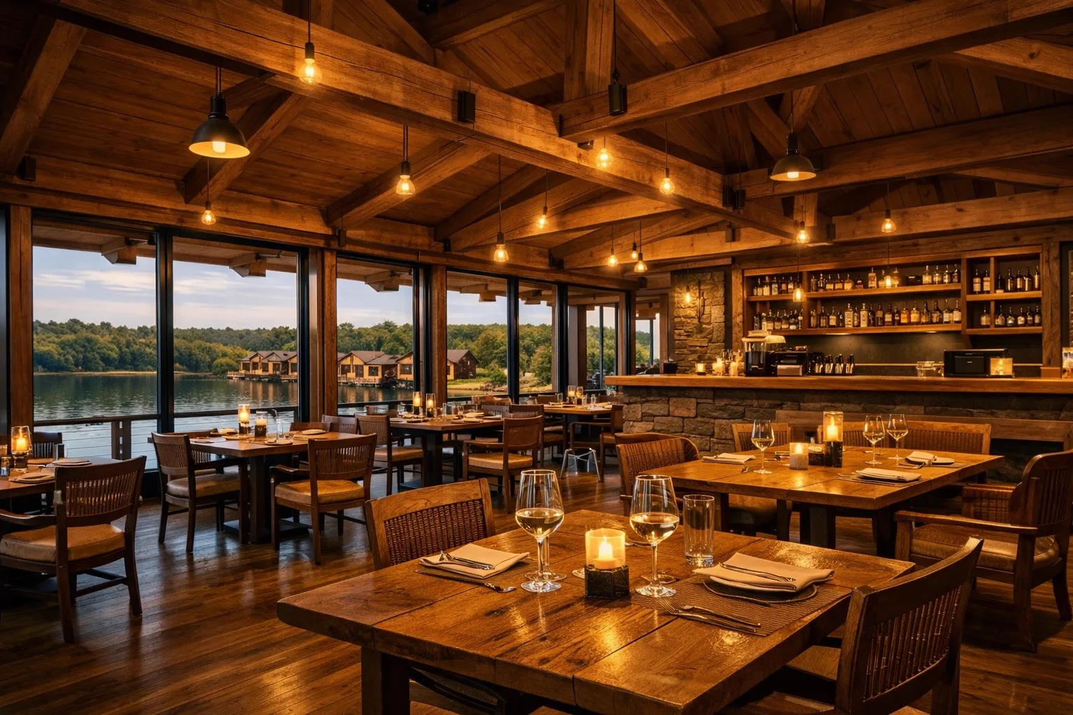 Interiér restaurace s prosklenou stěnou obrácenou k hladině jezera.