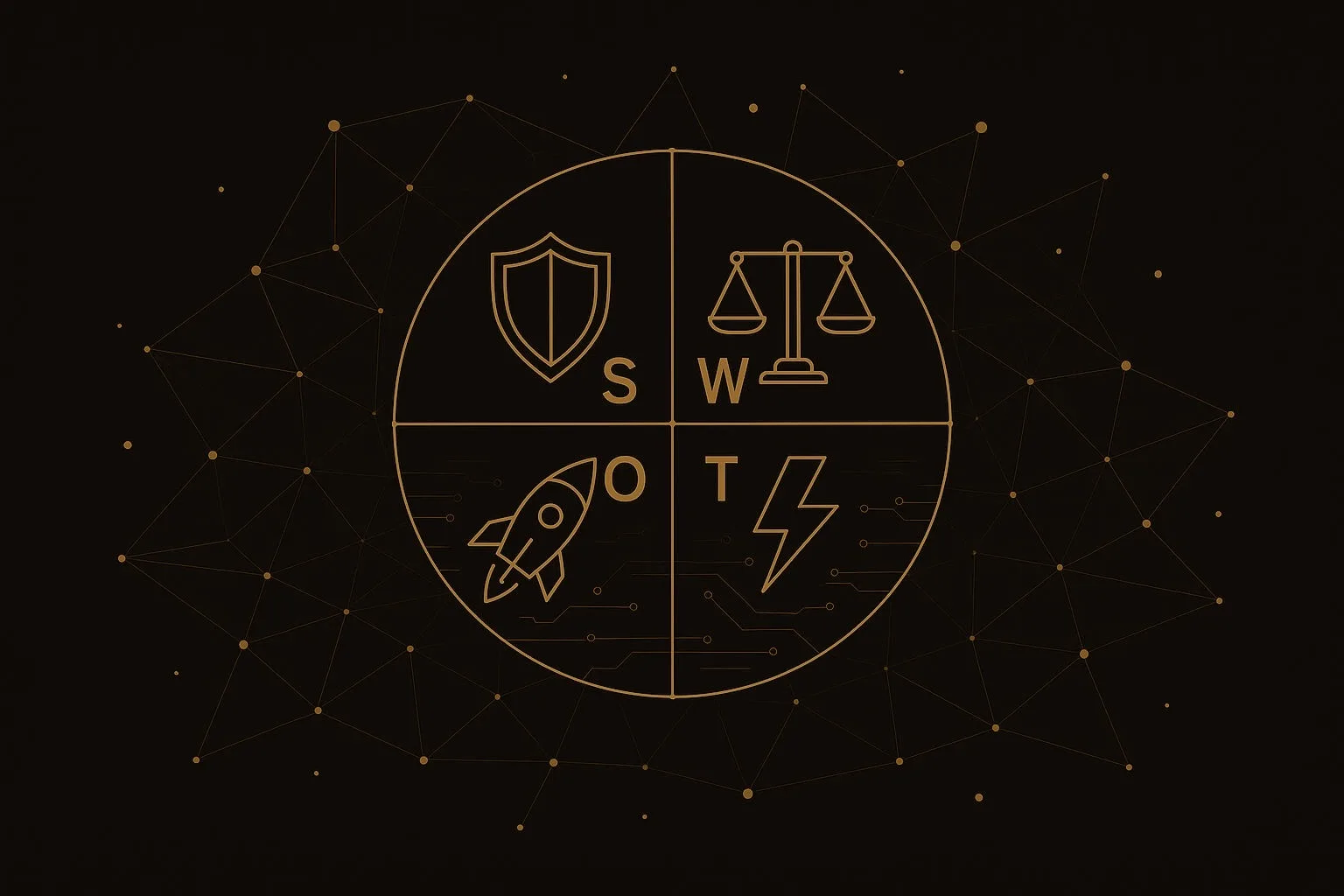 Schéma analýzy SWOT projektu NextGenDC se čtyřmi kvadranty z knihy Falanga Invest.